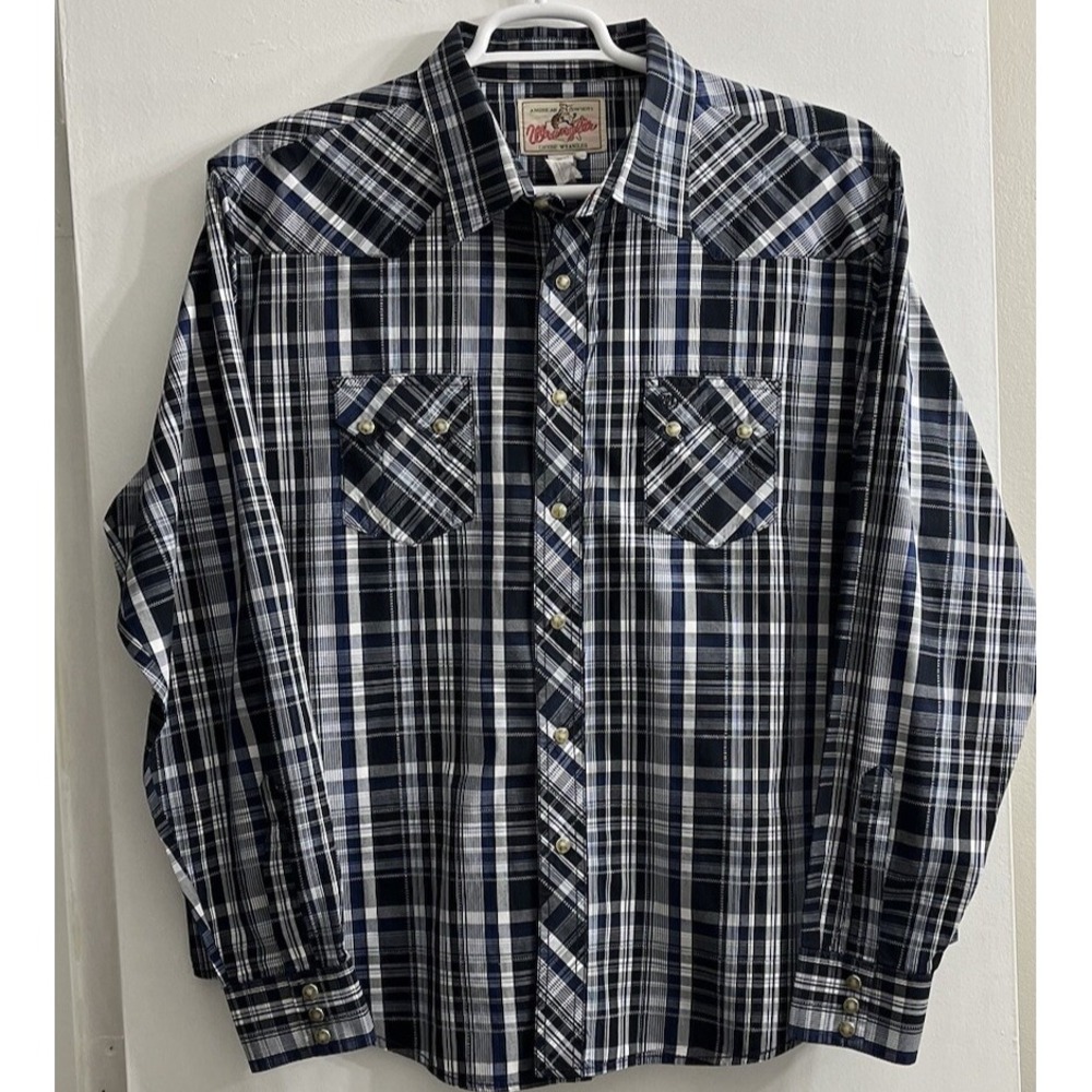 Vintage Wrangler Mens 2XL XXL Western Pearl Snap Long Sleeve Plaid Shirt Cowboy‎